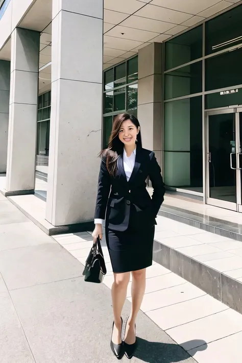 Full body photo of a business woman in a suit、smile、Office Lady Suits、The background is the building&#39;s corridor.