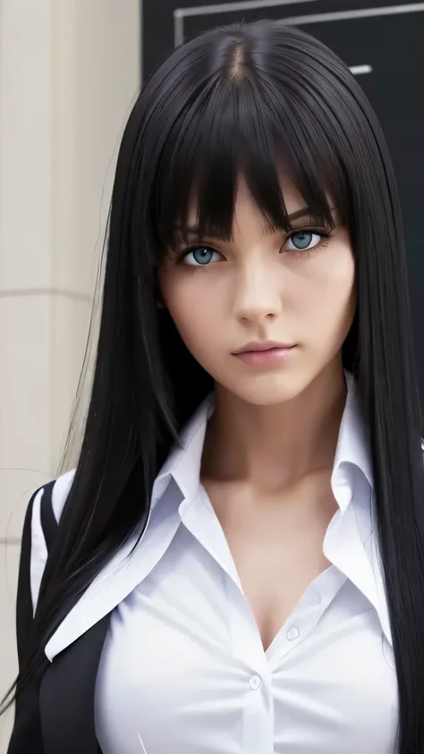 young woman,Very long straight black hair,blue eyes,Eyes are hidden by bangs,Black office suit,White shirt,Waist up shot,Sulky look