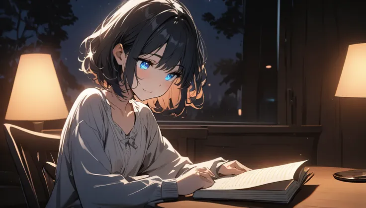 1girl, solo, blue eyes, (detailed eyes), gentle smile on her face flat chest, short hair, black hair, (masterpiece), (Masterpiece), Top quality, Perfect face, Expressive eyes, Knotty hair, Blue eyes, Cute girl, Reading book, (Night), Cosy lights, Perfect l...