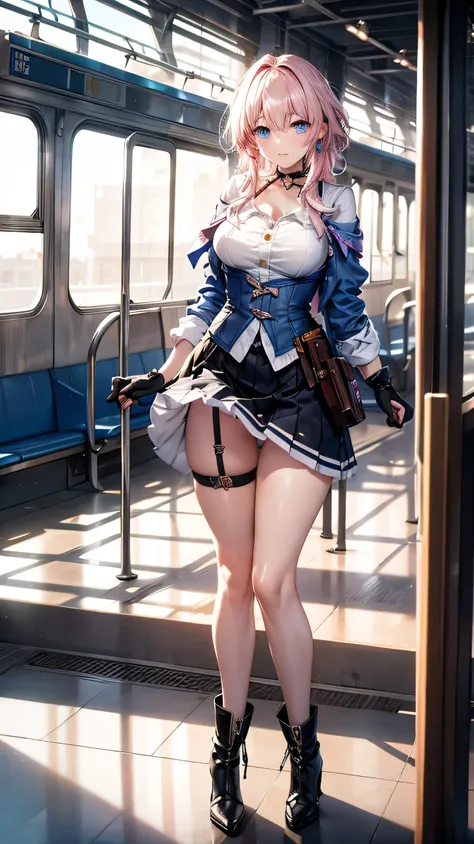 a beautiful young woman, light pink hair,  big blue eyes, ankle boots, archery shooting glove, badge, bare legs, black choker, black corset, black footwear, black gloves, blue jacket, blue skirt, boots, button badge, buttons, choker, collarbone, corset, ea...