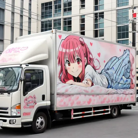 car, one girl, vehicle focus, alone, truck, real-world locations, photo background, lie in, pants, pink hair, anime_coloring, be...