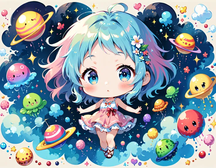 Hayao Miyazaki pastel color style, Simple Line Initialism，Abstract art, kawaii design, The most beautiful girl of all time, (((chibi))), (((Dream World))), Lovely summer clothes, (((Cute Aliens))), Playing with Aliens