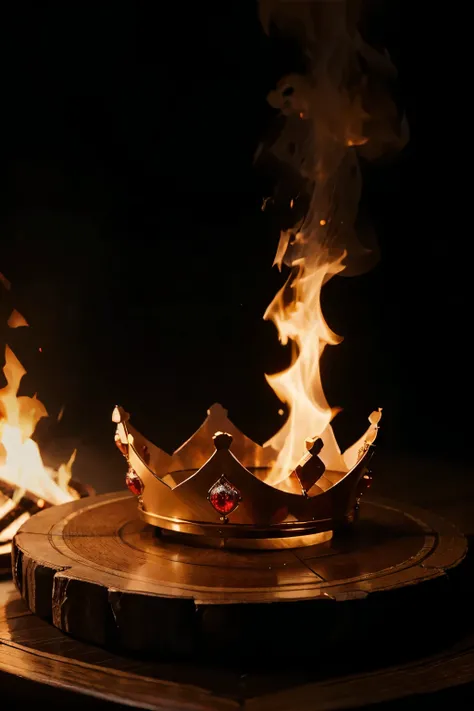 The crown has a circular shape, Rises into high, elegant tips, each carefully crafted to be symmetrical and balanced, with red diamonds decorating. is in the middle of the fire, on a black table. The image view is front and a black background.