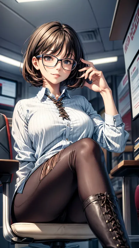 ((From below)),One 30 years old woman,very short hair,glasses,grin,office casual style,suits,tight skirts,pantyhose,((lace up long boots2.0)),sitting on the chair,point finger to lips.