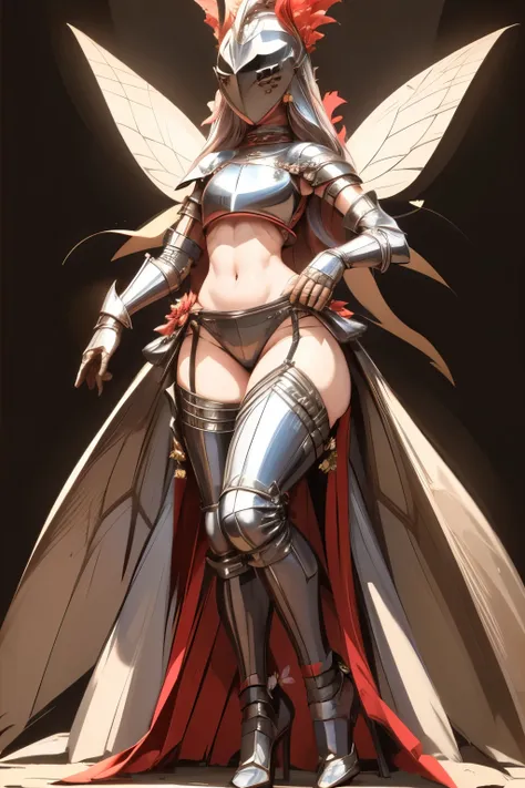 masterpiece, best quality, butterfly wings, (full body), kardiaofrhodes, helmet, plume, gauntlets, thighhighs, navel, breastplat...