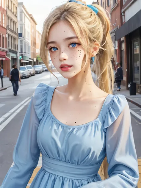 1girl, skin pores, mole, mole under mouth, dimples, freckles, blonde, ponytail, messy hair, outdoors, street, detailed blue eyes, blue dress, long sleeves, shy