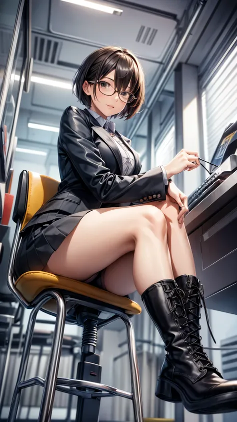 ((From below)),One 30 years old woman,very short hair,glasses,grin,office casual style,suits,tight skirts,pantyhose,((lace up long boots2.0)),sitting on the chair,putting finger on her lips.