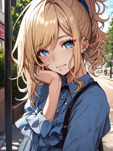 1girl, skin pores, mole, mole under mouth, dimples, freckles, blonde, ponytail, messy hair, outdoors, street, detailed blue eyes, blue dress, long sleeves, shy