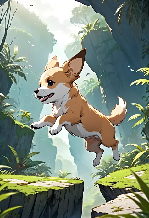 puppy jumping and flying over cliff, rugged jungle terrain, slow motion effect, 2.5D, delicate and dynamic