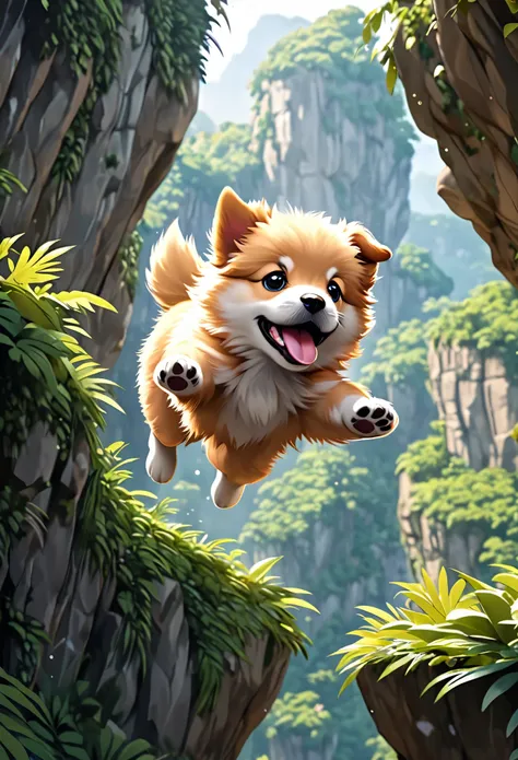 cute fluffy puppy jumping and flying over cliff, beautiful posture, rugged jungle terrain, slow motion effect, 2.5D, delicate and dynamic