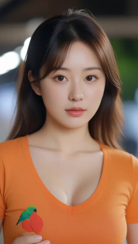 extreme close-up of beautiful beautiful korean female, 34 inch breasts size, wearing  orange pattern v-neck t-shirt, holding parrott, bokeh background, cinematic scene, UHD 