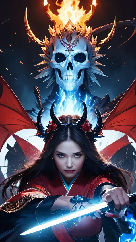 Girl, He is holding a sword decorated with the Japanese symbol of life., Blue flames coming out of the decoration, A dragon came out of it、A blue wind blows with a skull ghost, Perfect Judy with a face and scythe，The woman is wearing the proper red ninja o...