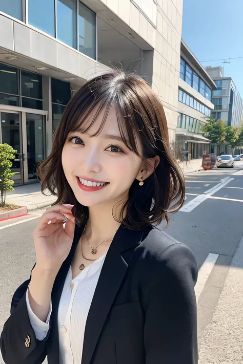 Highest quality, ,smile、Beautiful teeth alignment、Black Hair、Short Haircut、Wavy Hair、Office Lady Suits、、ear piercing、necklace, ,、The background is the building&#39;s corridor.
