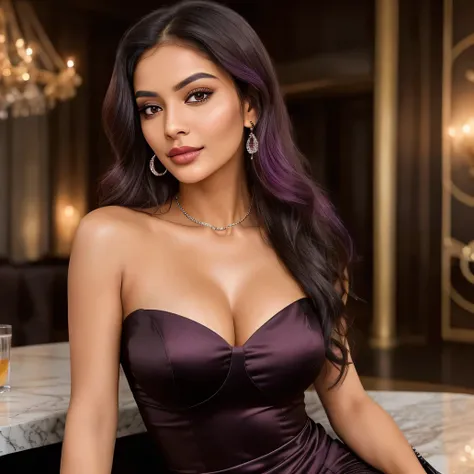 Create an ultra-realistic image of a modern, attractive female influencer of Indian descent, aged between 27 to 30. She should have a warm and inviting smile, expressive almond-shaped eyes with a slight shimmer, and clear, glowing skin with a medium brown ...