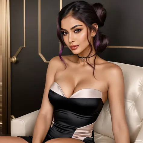 Create an ultra-realistic image of a modern, attractive female influencer of Indian descent, aged between 27 to 30. She should have a warm and inviting smile, expressive almond-shaped eyes with a slight shimmer, and clear, glowing skin with a medium brown ...