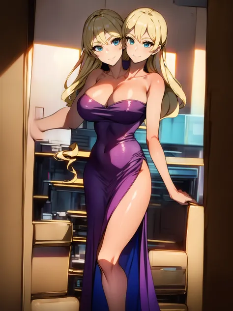 (16K), (2heads:1.5), 1girl,  two headed woman, smiling, highres, masterpiece, ((blonde hair)), ((different hair color)), cleavage, ((golden yellow dress:1.5)), lustrous and smooth skin, (mature woman), (blue eyes), ((queen dress)), seductive silhouette, ((...