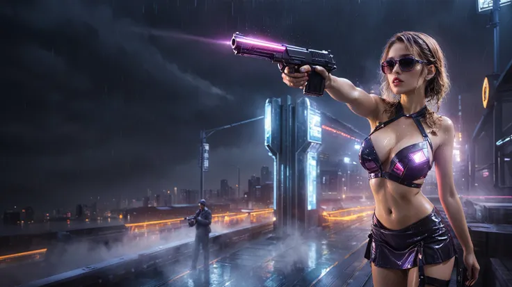 (((aerial view))), Blade Runner style futuristic railway platform, hi-tech train, neon lights, rainy night. (1girl, solo, alone), large-breast:1.2 slim body, cleavage:1.1, sexy wind blowing wet dress:1.4, headphone, (black sunglasses), (((she raised a pist...