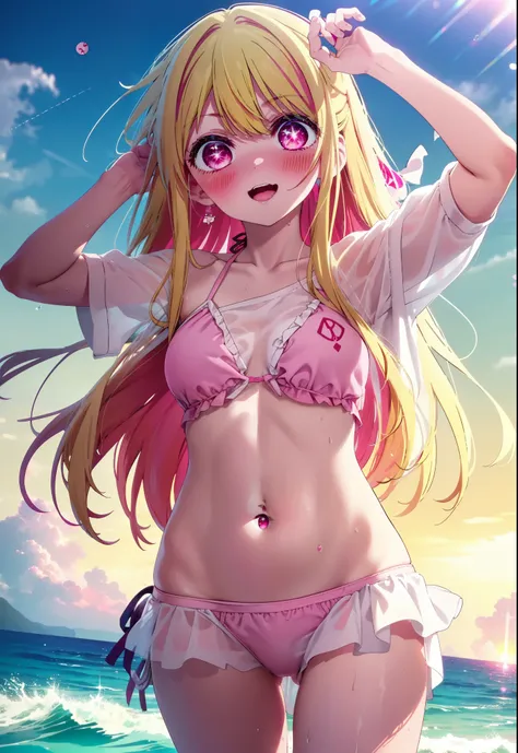 rubyhoshino, Ruby Hoshino, Long Hair, bangs, blonde, (Pink Eyes:1.3), (Symbol-shaped pupil:1.5), Multicolored Hair, smile,blush,Open your mouth,Two-tone hair, Bikini Swimwear,barefoot,Water Play,Wet Hair,Wet Skin,Wet swimsuit,True Summer,Clear skies during...