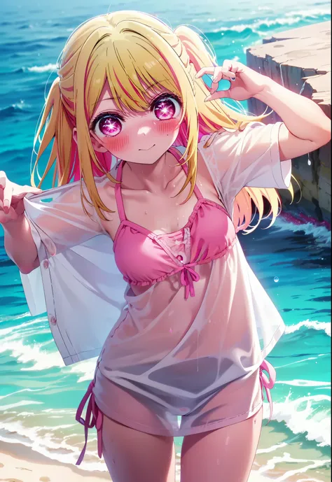 rubyhoshino, Ruby Hoshino, Long Hair, bangs, blonde, (Pink Eyes:1.3), (Symbol-shaped pupil:1.5), Multicolored Hair, smile,blush,Open your mouth,Two-tone hair, Bikini Swimwear,barefoot,Water Play,Wet Hair,Wet Skin,Wet swimsuit,True Summer,Clear skies during...