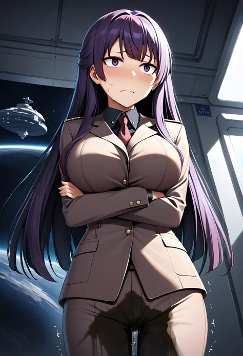 (high quality,Very detailed:1.37, High resolution), Woman, (mature:2.0), (Sakaki Yumiko:2.0), Grisaia, very long hair, (very dark purple hair:1.5), purple eyes, large breasts, military uniform, pants, (wetting herself:1.5), standing, (arms crossed:1.5), (e...