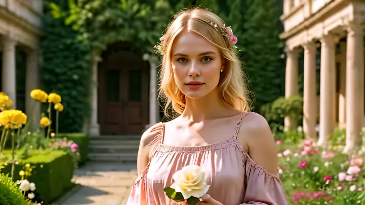 blond woman in pink dress holding a rose in front of a garden, fairy, Melissa Sue Anderson, in style of petra collin), a still of an ethereal, still from a music video, monia merlo, midsommar style,