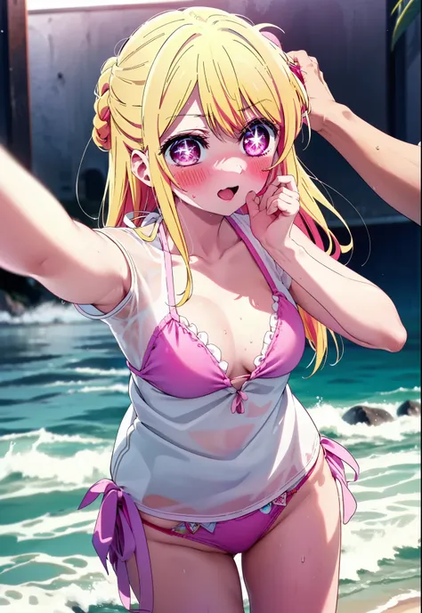 rubyhoshino, Ruby Hoshino, Long Hair, bangs, blonde, (Pink Eyes:1.3), (Symbol-shaped pupil:1.5), Multicolored Hair, smile,blush,Open your mouth,Two-tone hair, Bikini Swimwear,barefoot,Water Play,Wet Hair,Wet Skin,Wet swimsuit,True Summer,Clear skies during...