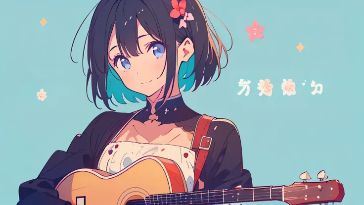 beautiful 1girl, solo, gentle smile on her face flat chest, short hair, black hair, blue eyes, 30-year-old female、Black Hair、Slanted Eyes、Look diagonally forward、Long sleeve、Acoustic guitar