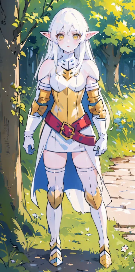 masterpiece, best quality, high quality, white SKIN elf, long hair, white hair, yellow eyes, full body, def_effie, blue breastplate, white skin, looking at viewer, shiny, armor, thigh highs, high boots, shoulder armor, faulds, poleyn, gloves, gauntlets