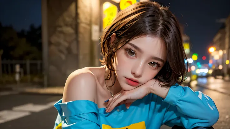 He is colorful, Oversized yellow t-shirt.., Highest quality, masterpiece, Ultra-high resolution, (Realistic:1.4), RAW Photos, One Girl, Off the shoulder, In the Dark, Deep Shadow, Moderate, Night Alley, short hair, roadside, Sitting,  20-year-old,Cute Face...