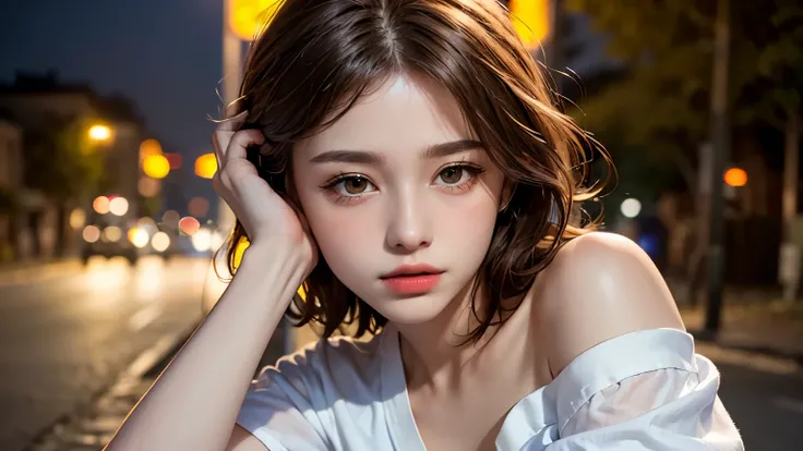 He is colorful, Oversized yellow t-shirt.., Highest quality, masterpiece, Ultra-high resolution, (Realistic:1.4), RAW Photos, One Girl, Off the shoulder, In the Dark, Deep Shadow, Moderate, Night Alley, short hair, roadside, Sitting,  20-year-old,Cute Face...