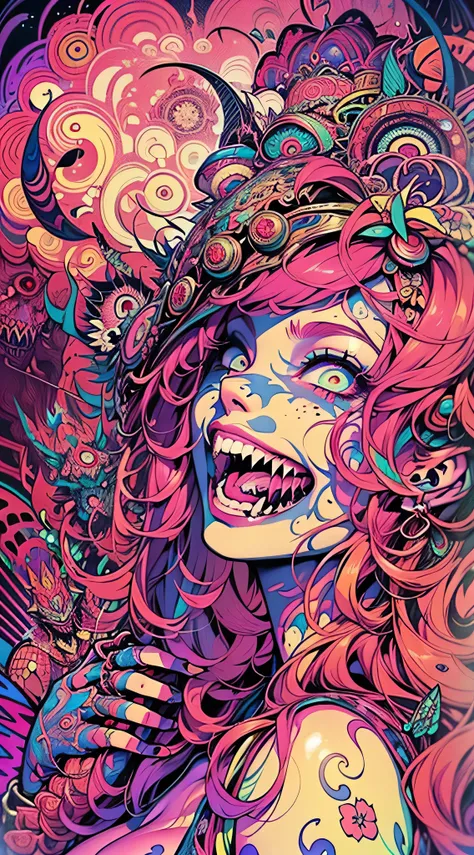 (Seductive psychedelic horror:1.5), Trippy Hentai, body horror, (having sex:1.2), (2girls), (huge flopping breasts:1.2), (visible nipples:1.3), surreal Sex, LSD trip, (Smiling, Eyes Rolling:1.2), sensual, psychedelic vaginal sex, provocative, colorful, glo...