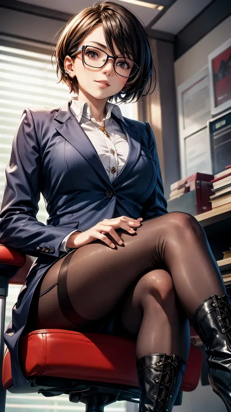 ((From below)),One 30 years old woman,very short hair,glasses,grin,office casual style,suits,tight skirts,pantyhose,((lace up long boots2.0)),sitting on the chair,putting finger on her lips.