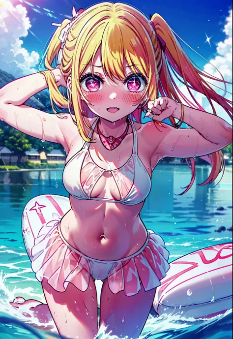 rubyhoshino, Ruby Hoshino, Long Hair, bangs, blonde, (Pink Eyes:1.3), (Symbol-shaped pupil:1.5), Multicolored Hair, smile,blush,Open your mouth,Two-tone hair, Bikini Swimwear,barefoot,Water Play,Wet Hair,Wet Skin,Wet swimsuit,True Summer,Clear skies during...