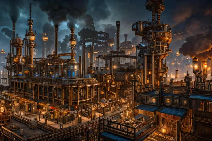 a steam punk city made of metal parts and gears, with steam billowing from pipes, (best quality,8k,sharply focused,masterpiece:1.2),ultra-detailed,realistic,photo-realistic:1.37,intricate machinery,industrial,steampunk,futuristic,cogs,pistons,copper,brass,...