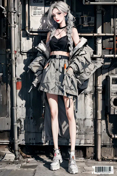 masterpiece, The face is precise(((must))), best quality, cyberpunk outfit, A Russian girl in her early 20s with colorful ash gray hair, cyberpunk makeup,outdoor, magazine cover, head to toe full body