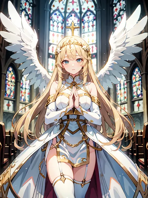 ((Highest quality)), ((masterpiece)), (detailed), Perfect Face, Perfect Arms, Perfect hands, Perfect Fingers, anime, Ultra-fine illustration, One girl, ((goddess)), (Angel Wings), Blonde Long Hair, prayer, church, indoor, (shine), Sparkling, Light effects,...