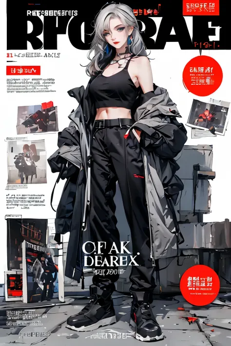 masterpiece, The face is precise(((must))), best quality, dark cyberpunk outfit, A Russian girl in her early 20s with colorful ash gray hair, dark cyberpunk makeup, outdoor, magazine cover, head to toe full body