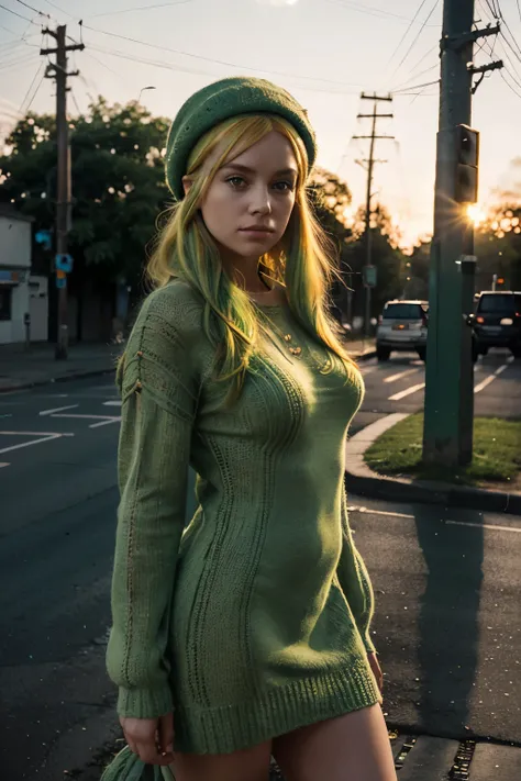 Masterpiece, Of the highest quality, Colorful cinematic lighting, knitted dress green, with overflow [Orange|yellow] Hair, (wearing crochet berets), (Perfect face:1.1), standing under telephone poles in the middle of the route, Sunset in the background, da...