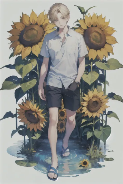 (masterpiece, top quality, best quality, official art, beautiful and aesthetic:1.2), (1boy:1.3), (fractal art:1.3),(Summer vacation:1.2),(Sunflower field:1.3),((A cool stream:1.2)),(Short sleeve shirt and shorts:1.25),(Sandals:1.2),