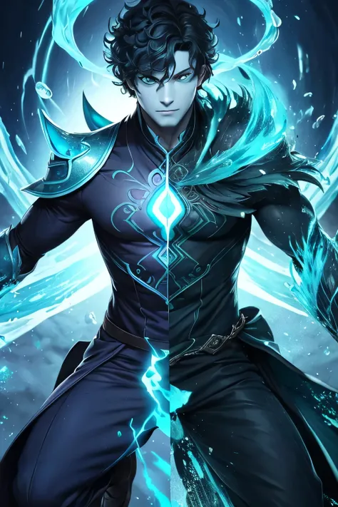 Water elemental man with blue skin color green eyes and with short green curly hair with a cheerful look wearing dark blue clothes wearing dark clothes