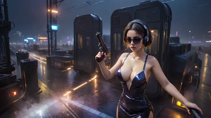 (((aerial view))), Blade Runner style futuristic railway platform, hi-tech train, neon lights, rainy night. (1girl, solo, alone), large-breast:1.2 slim body, cleavage:1.1, sexy wind blowing wet dress:1.4, headphone, (black sunglasses), (((she raised a pist...