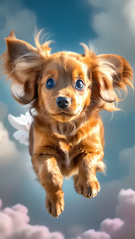 a cute and sweet flying puppy, adorable puppy, 1 puppy, fluffy puppy, playful puppy, puppy with wings, fantasy puppy, whimsical ...