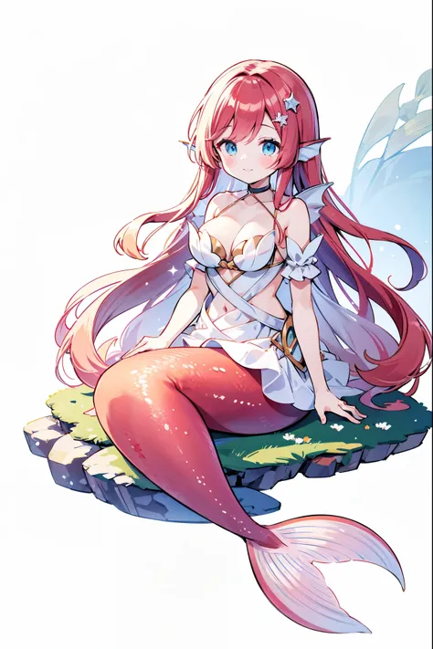 masterpiece, best quality,a girl,light red hair,white dress,blue eyes,head fin,独奏,large breasts,mermaid,淡红色的mermaid尾巴,full-body ...