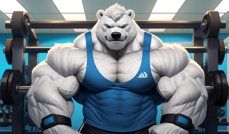 Brock Ólafsson The Huge Muscled Polar Bear, with White Hair, Blue Tank Top, Black Wristbands and Black Gym Shorts, Flexing His Thorax.