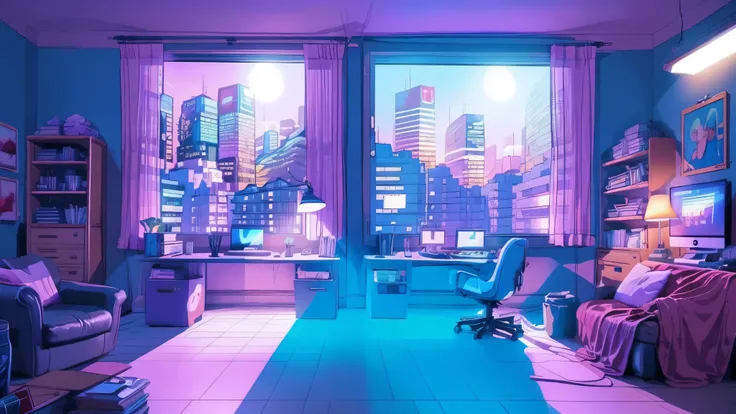 girl is a trader, pink theme, style anime, computer, living room, in the computer screen is chart stock night light , (very deta...