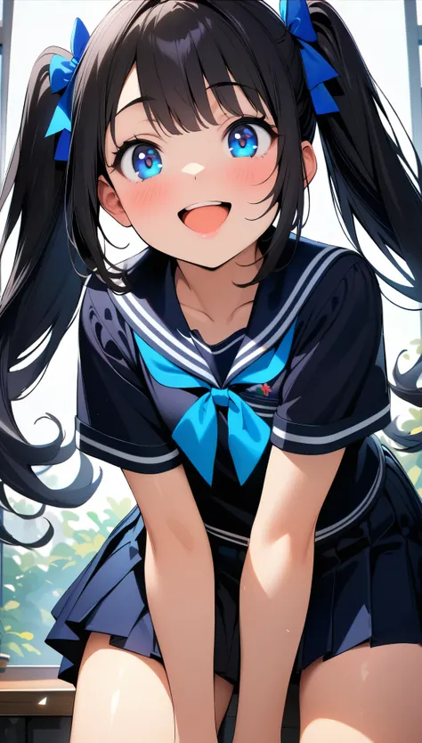 (Highest quality:1.2, 4K, 8k, Very detailed, up to date, Vibrant, Attention to detail, masterpiece:1.2, Highest quality, Best aesthetics), (1 girl, 18 year old beautiful girl), JK, Sailor suit, Pleated skirt, Open your mouth:1.2, Cute Smile:1.1, (Black Hai...