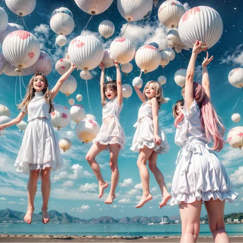  Masterpiece of (ProfessionalPhoto:1.37) ((ExtremelyDetailed (12 PICHIPICHI KAWAII Girls Floating in The Air in a row:1.37) in WHITE at Dusk Enoshima Beach)), {(Standing Full Body:1.2)|(from below:1.2)|Detailed KAWAII face}, Different types of hair colors,...