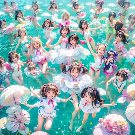  Masterpiece of (ProfessionalPhoto:1.37) ((ExtremelyDetailed (12 PICHIPICHI KAWAII Girls Floating in The Air in a row:1.37) in WHITE at Dusk Enoshima Beach)), {(Standing Full Body:1.2)|(from below:1.2)|Detailed KAWAII face}, Different types of hair colors,...