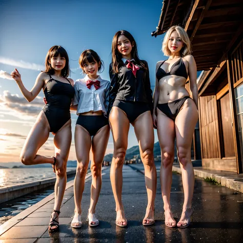  Masterpiece of ProfessionalPhoto ((ExtremelyDetailed (12 PICHIPICHI KAWAII Girls Floating in The Air in a row:1.37) in WHITE at Dusk Enoshima Beach)), {(Standing Full Body:1.2)|(from below:1.2)|Detailed KAWAII face}, Different types of hair colors, {(skin...