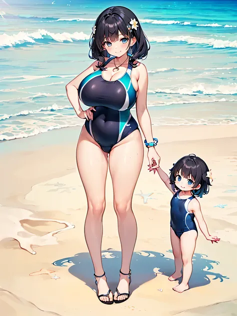 ((beach:2.0)),(Eight-headed mother:2.0),(Full body image:2.0), ((Cleavage:1.5)),(Smiling Beam:1.5), ((Mother showing her huge breasts:1.5)), ((blue competitive swimsuit:2.0)),Female 2,Mother and daughter,Highest quality, 4K, masterpiece, Very detailedな, St...